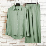 Buddha Stones 2Pcs Long Sleeve Shirt Top With Pockets Drawstring Pants Meditation Cotton Clothing Women's Set