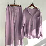 Buddha Stones 2Pcs Long Sleeve Shirt Top With Pockets Drawstring Pants Meditation Cotton Clothing Women's Set
