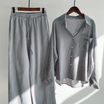Buddha Stones 2Pcs Long Sleeve Shirt Top With Pockets Drawstring Pants Meditation Cotton Clothing Women's Set