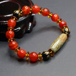 Buddha Stones Red Agate Nine-eye Dzi Bead Six True Words Calm Bracelet