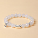 Buddha Stones 999 Sterling Silver Natural Cat Head White Cat's Eye White Agate Positive Bracelet