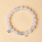 Buddha Stones 999 Sterling Silver Natural Cat Head White Cat's Eye White Agate Positive Bracelet