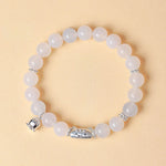 Buddha Stones 999 Sterling Silver Natural Cat Head White Cat's Eye White Agate Positive Bracelet
