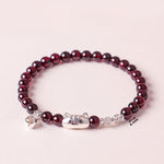 Buddha Stones 999 Sterling Silver Natural Cute Cat Head Garnet Protection Bead Bracelet