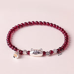 Buddha Stones 999 Sterling Silver Natural Cute Cat Head Garnet Protection Bead Bracelet