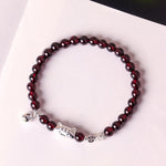 Buddha Stones 999 Sterling Silver Natural Cute Cat Head Garnet Protection Bead Bracelet
