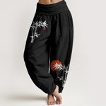 Buddha Stones Bamboo Leaves Red Sun Pattern Women's Elastic Waist Harem Pure Cotton Pants