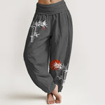 Buddha Stones Bamboo Leaves Red Sun Pattern Women's Elastic Waist Harem Pure Cotton Pants