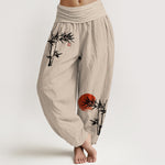 Buddha Stones Bamboo Leaves Red Sun Pattern Women's Elastic Waist Harem Pure Cotton Pants