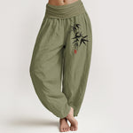 Buddha Stones Pure Cotton Bamboo Zen Pattern Women's Elastic Waist Harem Pants