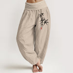 Buddha Stones Pure Cotton Bamboo Zen Pattern Women's Elastic Waist Harem Pants