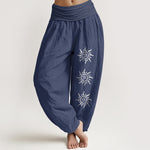 Buddha Stones Solid Color Pure Cotton Sun Om Symbol Pattern Women's Elastic Waist Harem Pants