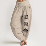 Buddha Stones Solid Color Pure Cotton Sun Om Symbol Pattern Women's Elastic Waist Harem Pants