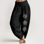 Buddha Stones Solid Color Pure Cotton Sun Om Symbol Pattern Women's Elastic Waist Harem Pants