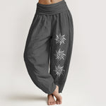 Buddha Stones Solid Color Pure Cotton Sun Om Symbol Pattern Women's Elastic Waist Harem Pants