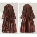 Buddha Stones Embroidered Floral Pattern Lace-up Design Long Sleeve Midi Dress With Pockets