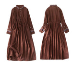 Buddha Stones Embroidered Floral Pattern Lace-up Design Long Sleeve Midi Dress With Pockets