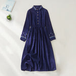 Buddha Stones Embroidered Floral Pattern Lace-up Design Long Sleeve Midi Dress With Pockets