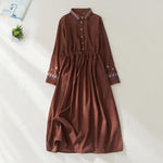 Buddha Stones Embroidered Floral Pattern Lace-up Design Long Sleeve Midi Dress With Pockets