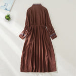 Buddha Stones Embroidered Floral Pattern Lace-up Design Long Sleeve Midi Dress With Pockets