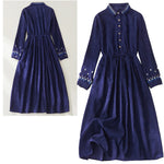 Buddha Stones Embroidered Floral Pattern Lace-up Design Long Sleeve Midi Dress With Pockets