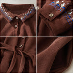 Buddha Stones Embroidered Floral Pattern Lace-up Design Long Sleeve Midi Dress With Pockets