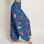 Buddha Stones Print Pure Cotton Koi Fish Pattern Women's Elastic Waist Harem Pants