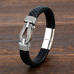 Buddha Stones Leather horseshoe-Shaped Titanium Steel Balance Braided Magnetic Buckle Bracelet