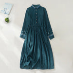 Buddha Stones Embroidered Floral Pattern Lace-up Design Long Sleeve Midi Dress With Pockets