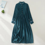 Buddha Stones Embroidered Floral Pattern Lace-up Design Long Sleeve Midi Dress With Pockets