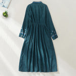 Buddha Stones Embroidered Floral Pattern Lace-up Design Long Sleeve Midi Dress With Pockets