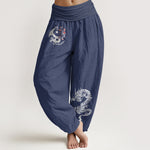 Buddha Stones Dragon Yin Yang Waves Flower Pattern Pure Cotton Women's Elastic Waist Harem Pants