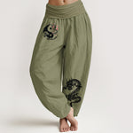 Buddha Stones Dragon Yin Yang Waves Flower Pattern Pure Cotton Women's Elastic Waist Harem Pants