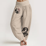 Buddha Stones Dragon Yin Yang Waves Flower Pattern Pure Cotton Women's Elastic Waist Harem Pants