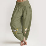 Buddha Stones Crane Auspicious Clouds Flower Pattern Pure Cotton Women's Elastic Waist Harem Pants