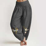 Buddha Stones Crane Auspicious Clouds Flower Pattern Pure Cotton Women's Elastic Waist Harem Pants