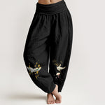 Buddha Stones Crane Auspicious Clouds Flower Pattern Pure Cotton Women's Elastic Waist Harem Pants