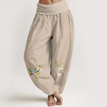 Buddha Stones Crane Auspicious Clouds Flower Pattern Pure Cotton Women's Elastic Waist Harem Pants