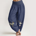Buddha Stones Crane Auspicious Clouds Flower Pattern Pure Cotton Women's Elastic Waist Harem Pants