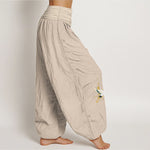 Buddha Stones Crane Auspicious Clouds Flower Pattern Pure Cotton Women's Elastic Waist Harem Pants