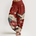 Buddha Stones Pure Cotton Cranes Peach Blossoms Ocean Women's Elastic Waist Harem Pants