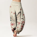 Buddha Stones Pure Cotton Cranes Peach Blossoms Ocean Women's Elastic Waist Harem Pants