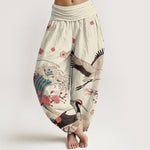 Buddha Stones Pure Cotton Cranes Peach Blossoms Ocean Women's Elastic Waist Harem Pants