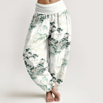Buddha Stones Print Pine Trees Mountains Pattern Pure Cotton Women's Elastic Waist Harem Pants