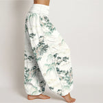 Buddha Stones Print Pine Trees Mountains Pattern Pure Cotton Women's Elastic Waist Harem Pants