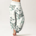 Buddha Stones Print Pine Trees Mountains Pattern Pure Cotton Women's Elastic Waist Harem Pants
