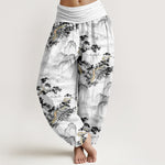 Buddha Stones Print Pine Trees Mountains Pattern Pure Cotton Women's Elastic Waist Harem Pants