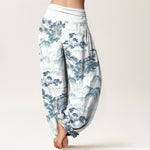 Buddha Stones Print Pine Trees Mountains Pattern Pure Cotton Women's Elastic Waist Harem Pants