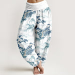 Buddha Stones Print Pine Trees Mountains Pattern Pure Cotton Women's Elastic Waist Harem Pants