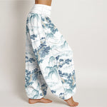 Buddha Stones Print Pine Trees Mountains Pattern Pure Cotton Women's Elastic Waist Harem Pants